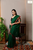 Contrast Border Cotton Saree with Running Blouse (Green)