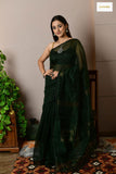 Handwoven Blended Cotton Sequin Saree with Running Blouse (Bottle Green)