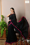 Contrast Border Cotton Saree with Running Blouse (Black)
