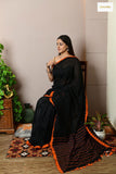 Striped Pallu Cotton Saree with Running Blouse (Black)