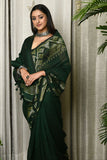Handwoven Linen Jamdani Saree With Blouse- Bottle Green - Ramanika