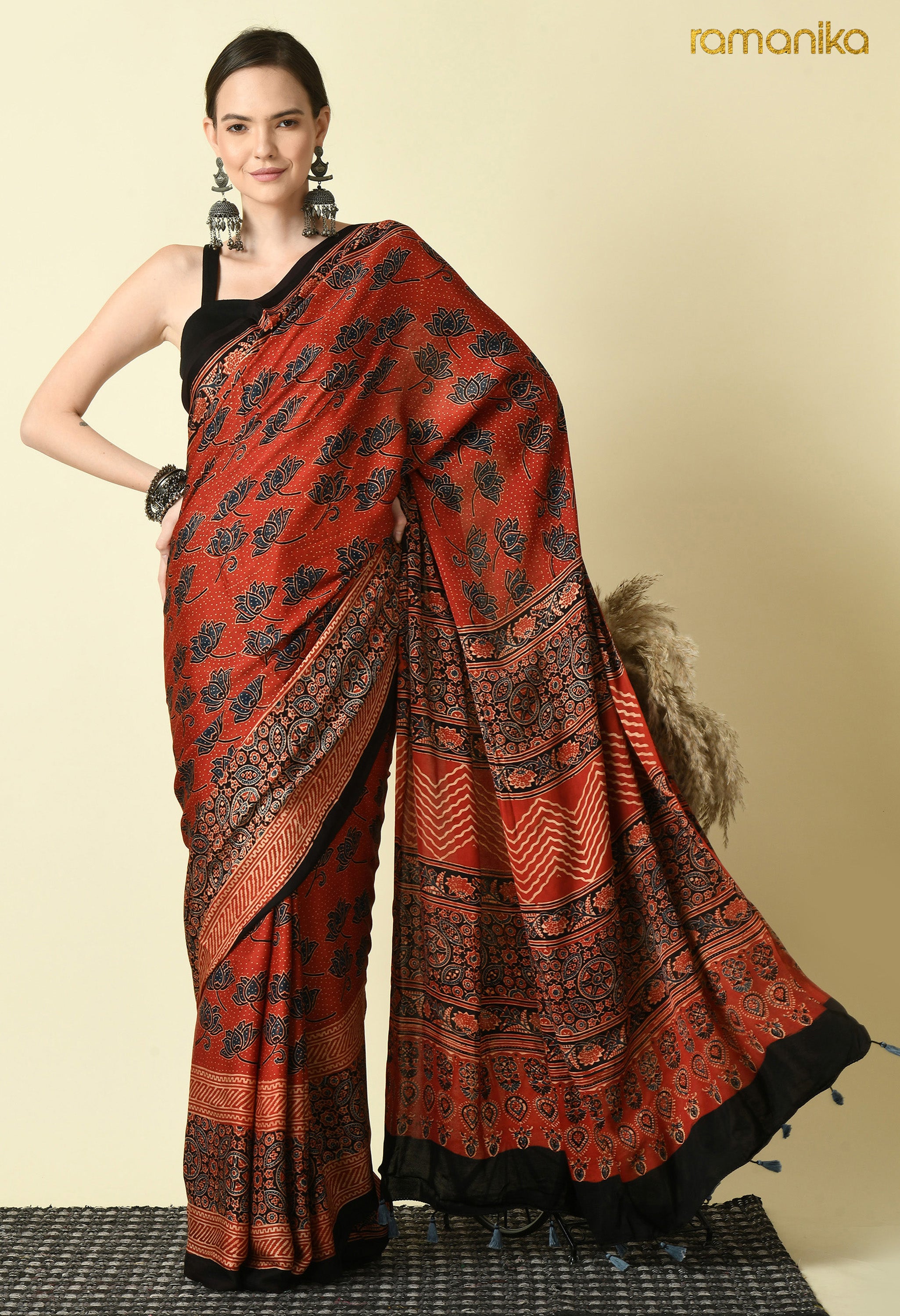 Naturally Dyed Ajrakh Modal Silk Saree (Rust / Red)