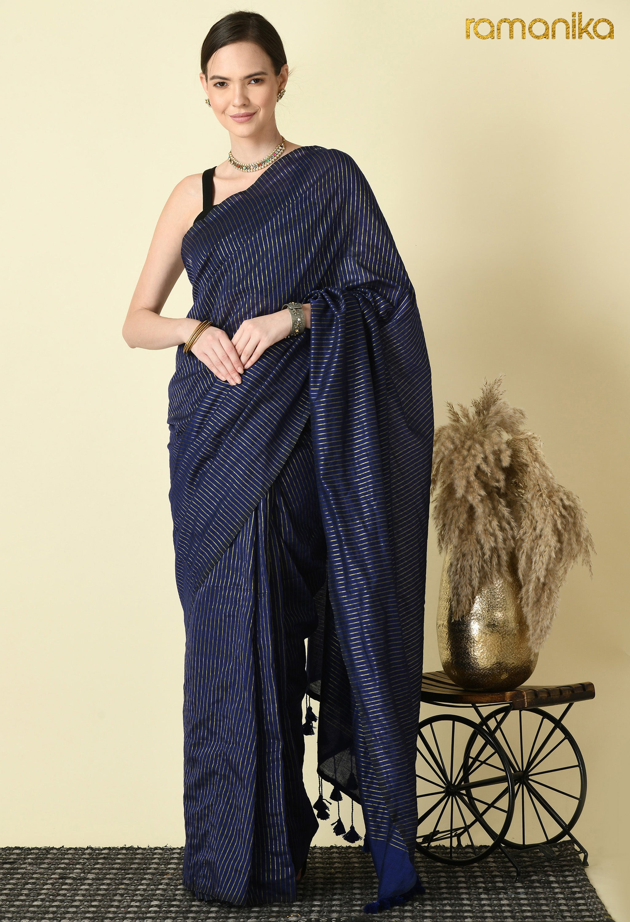 Handwoven Saree with Zari Stripes & Running Blouse -Blue