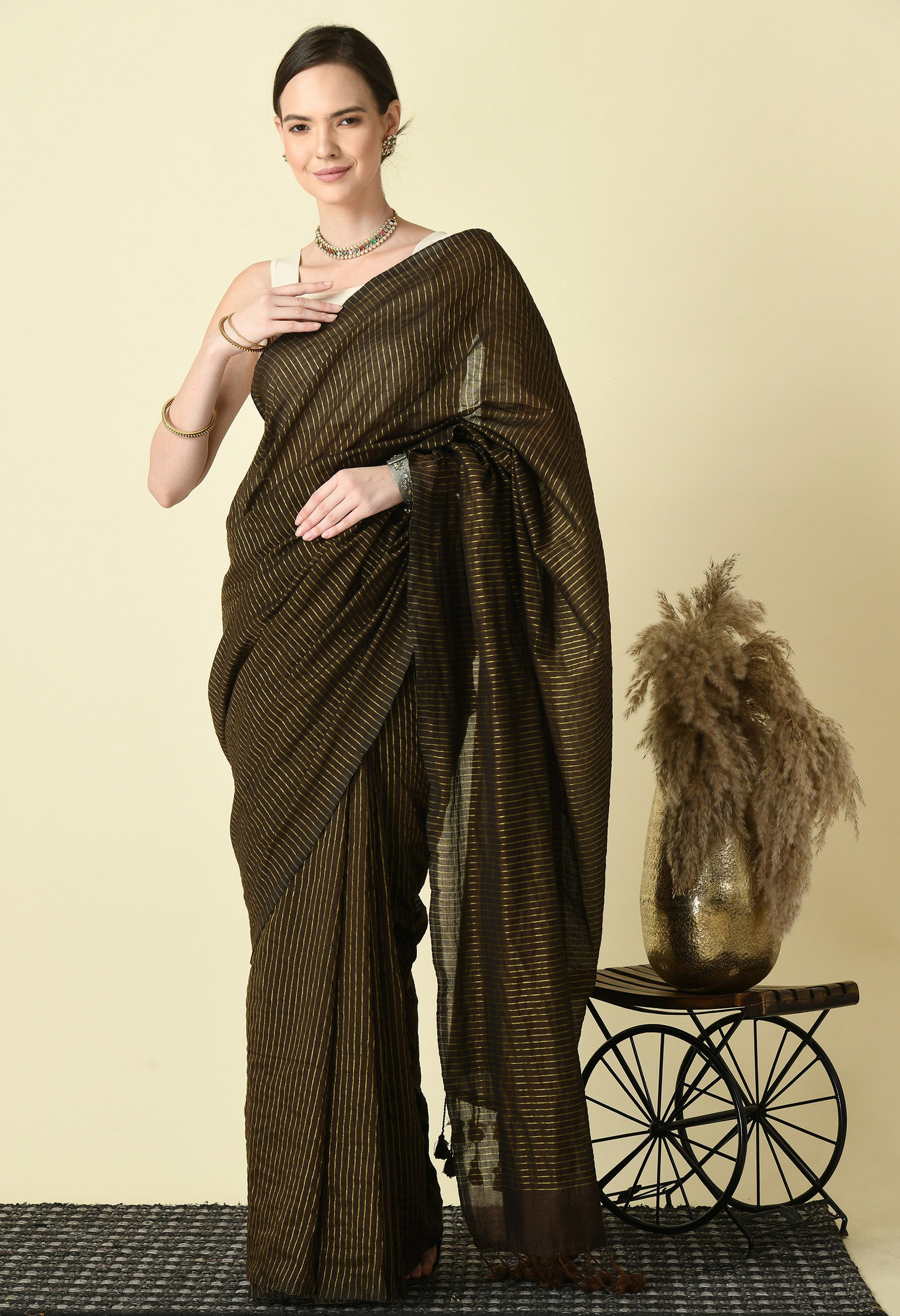 Handwoven Saree with Zari Stripes & Running Blouse -Coffee