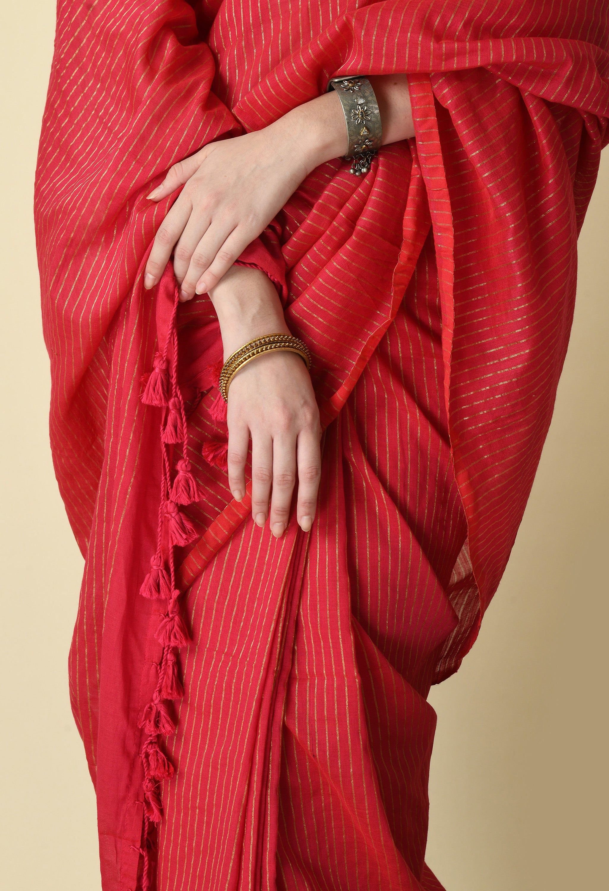 Handwoven Saree with Zari Stripes & Running Blouse - Magenta