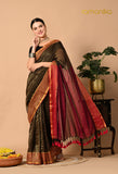 Malmal Cotton Zari Saree with Tassels - Brown