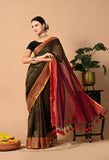 Malmal Cotton Zari Saree with Tassels - Brown