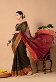 Malmal Cotton Zari Saree with Tassels - Brown