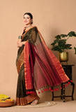 Malmal Cotton Zari Saree with Tassels - Brown