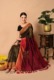 Malmal Cotton Zari Saree with Tassels - Brown