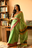 Handwoven Cotton Saree with Blouse- Green