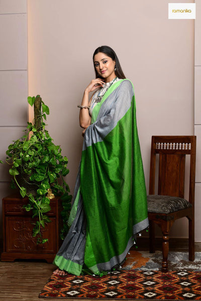 Bengal Cotton Saree with Running Blouse (Grey & Green) - Ramanika