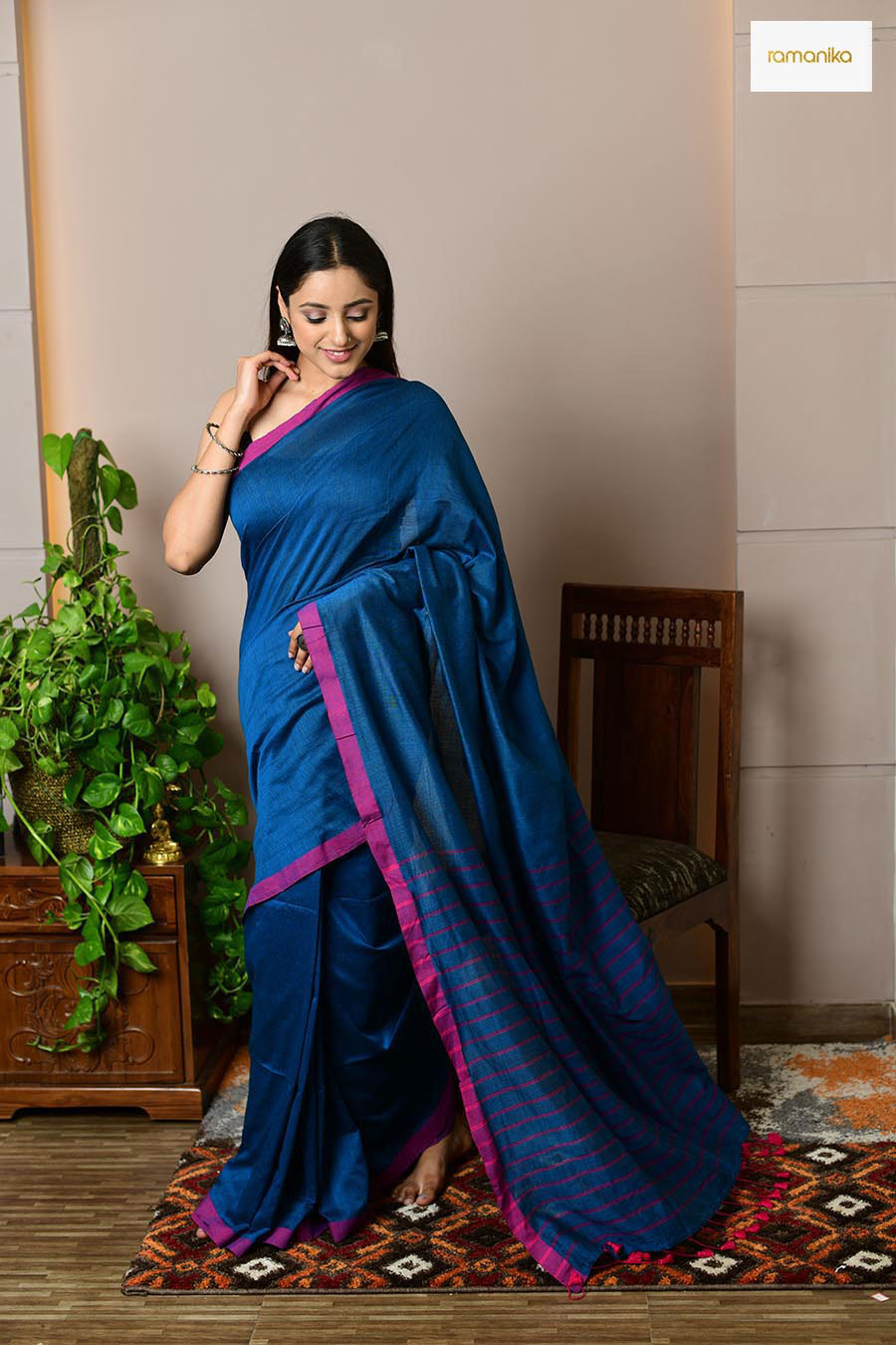 Striped Pallu Malmal Saree With Blouse - Ramanika