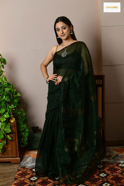 Dark Green Silk Banarasi Saree – OFLINE SELECTION