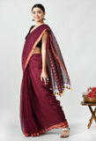 Handwoven Linen Saree with Running Blouse (Wine)