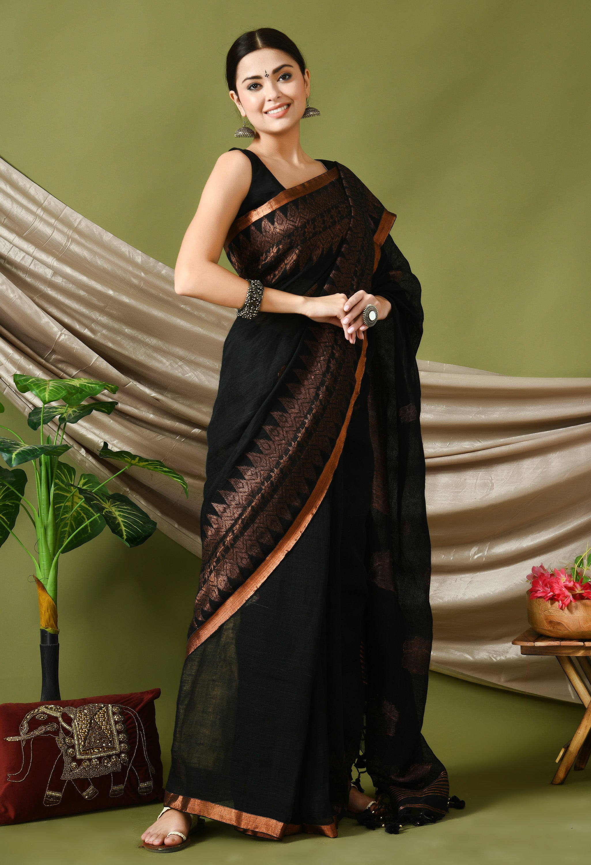 Handwoven Linen Saree with Copper Zari & Running Blouse (Black)