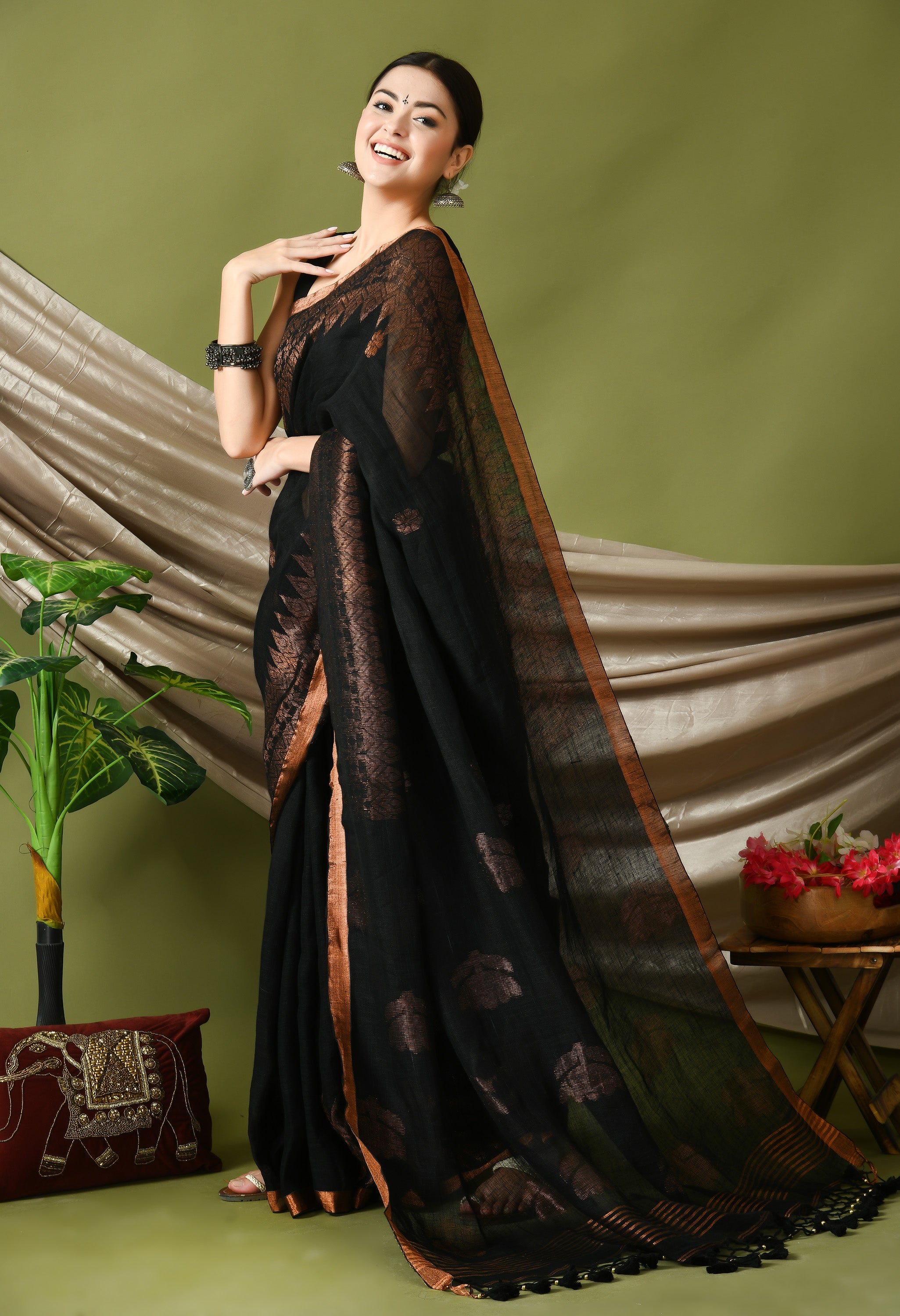 Black Festive Wear Copper Zari Weaving Tussar Silk Saree With Tassels