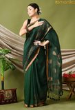 Handwoven Linen Saree with Copper Zari & Running Blouse (Green)