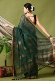 Handwoven Linen Saree with Copper Zari & Running Blouse (Green)