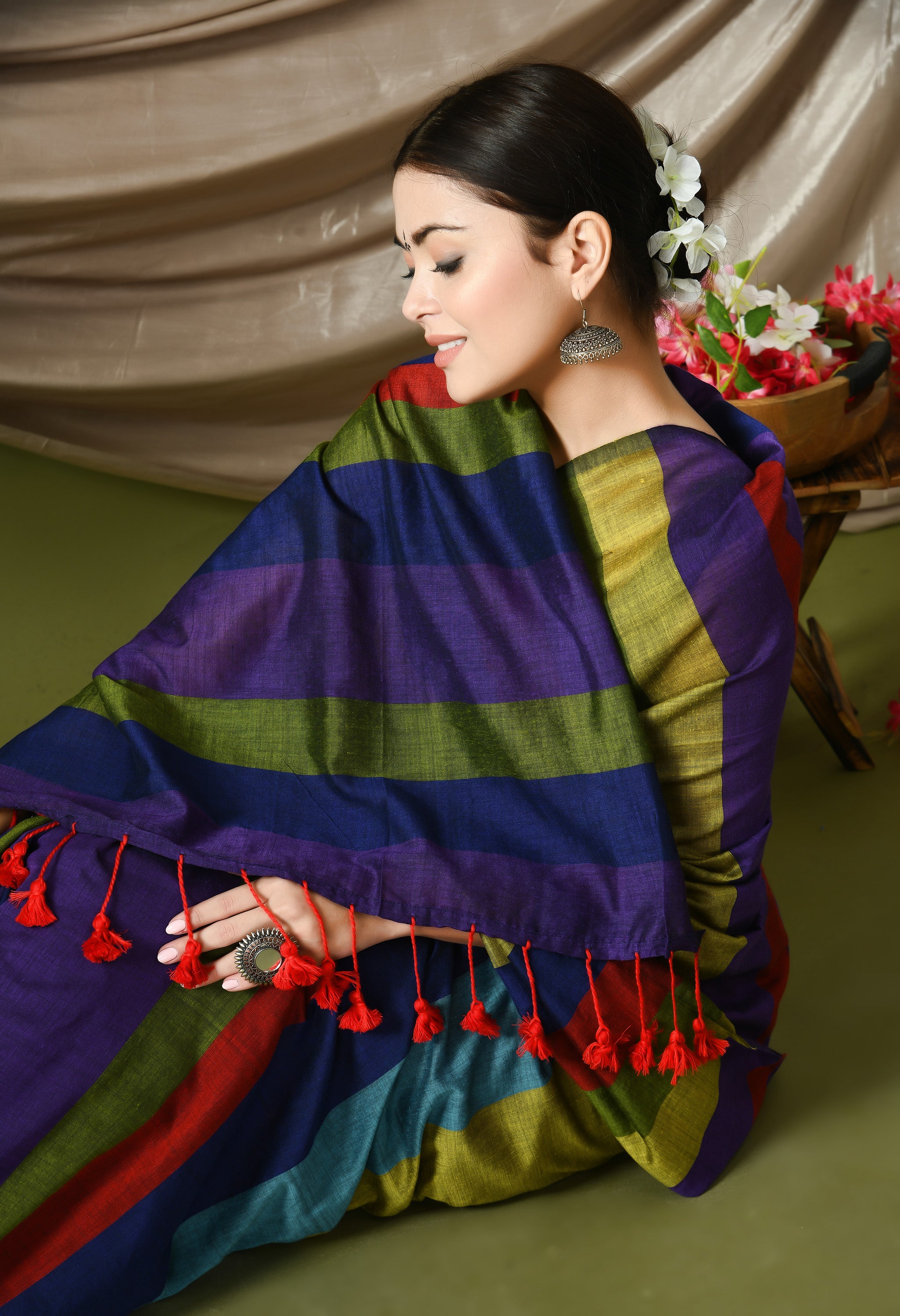 Handwoven Multicoloured Striped Saree with Running Blouse