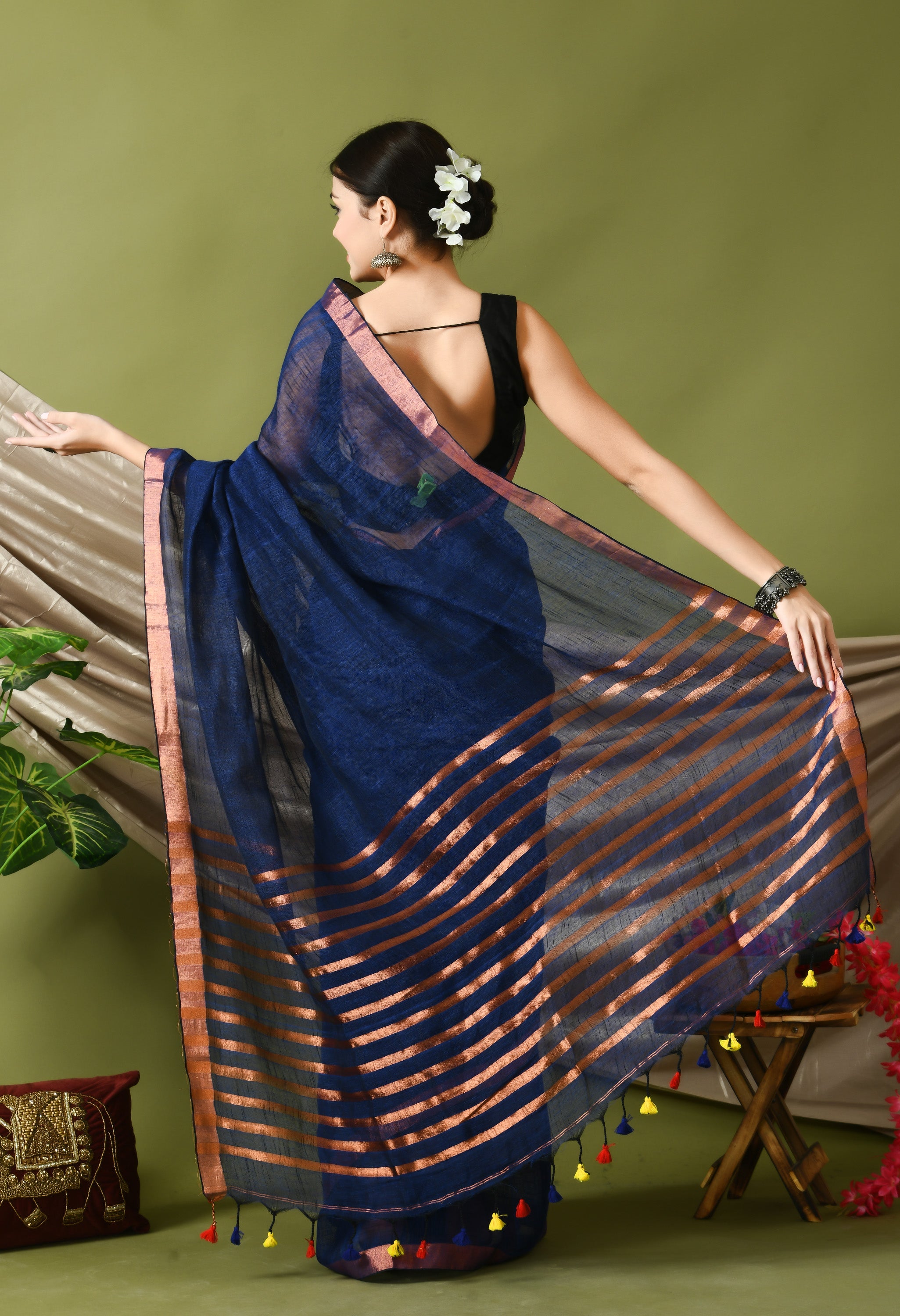 Handwoven Linen Saree with Running Blouse (Blue)