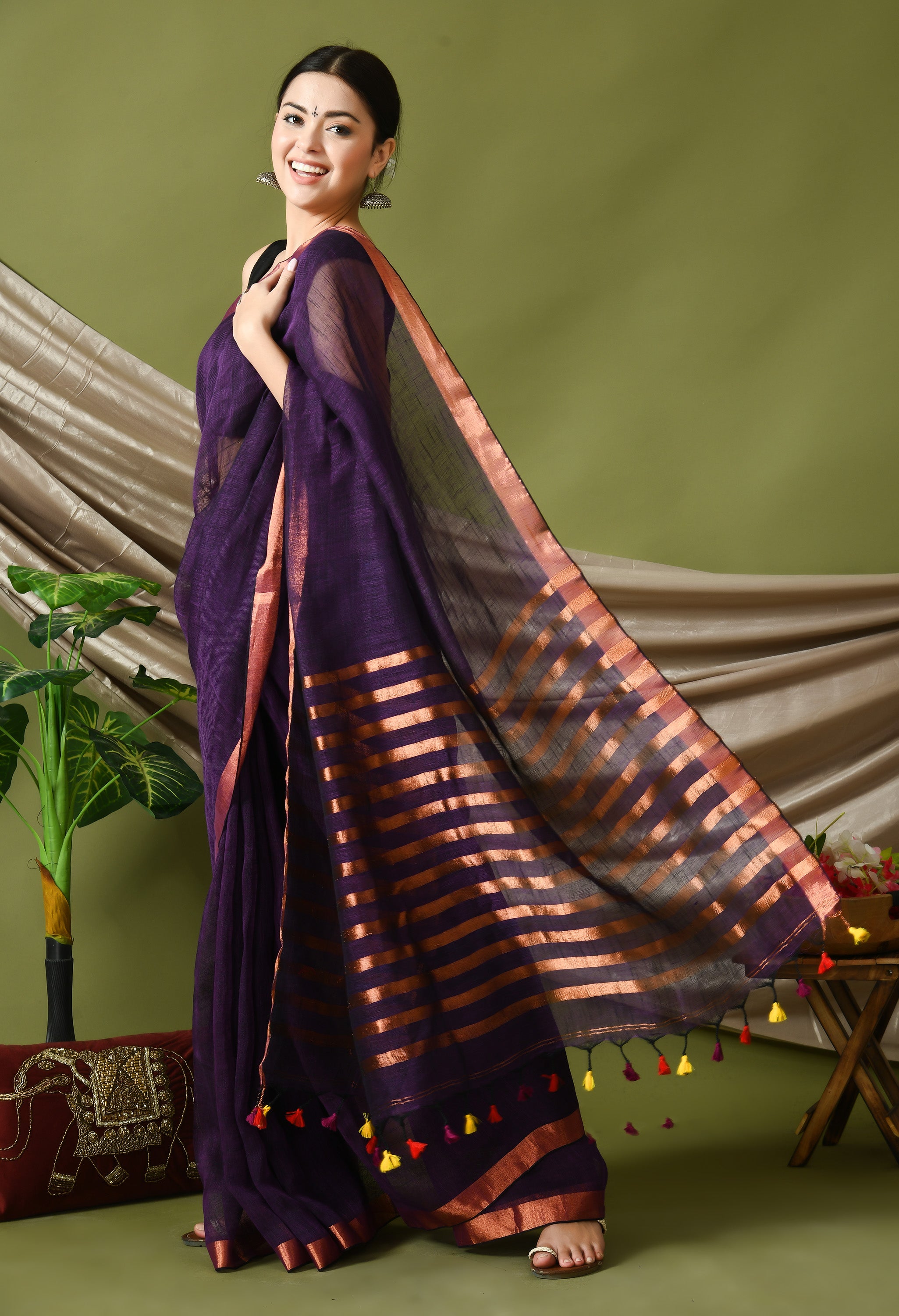Handwoven Linen Saree with Running Blouse (Purple)