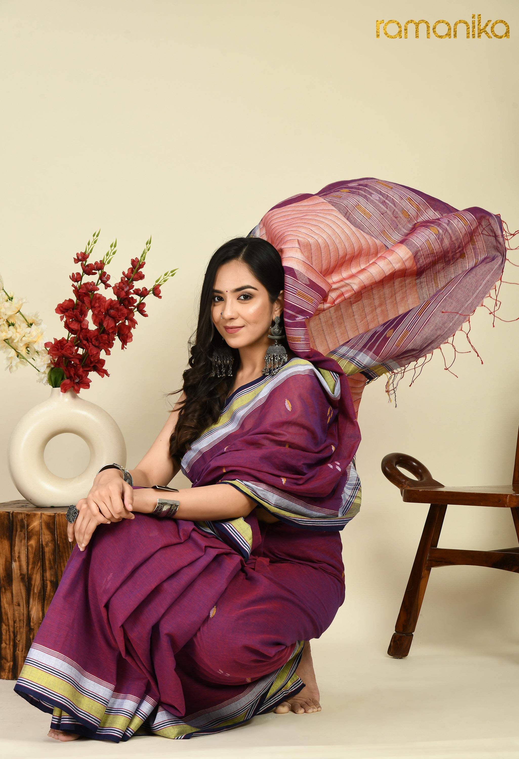 Handwoven Cotton Jamdani Saree with Contrast Blouse (Purple)