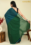 Handwoven Colour Block Cotton Saree with Running Blouse (Blue Green)