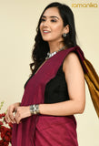 Handwoven Colour Block Cotton Saree with Running Blouse (Red Mustard)