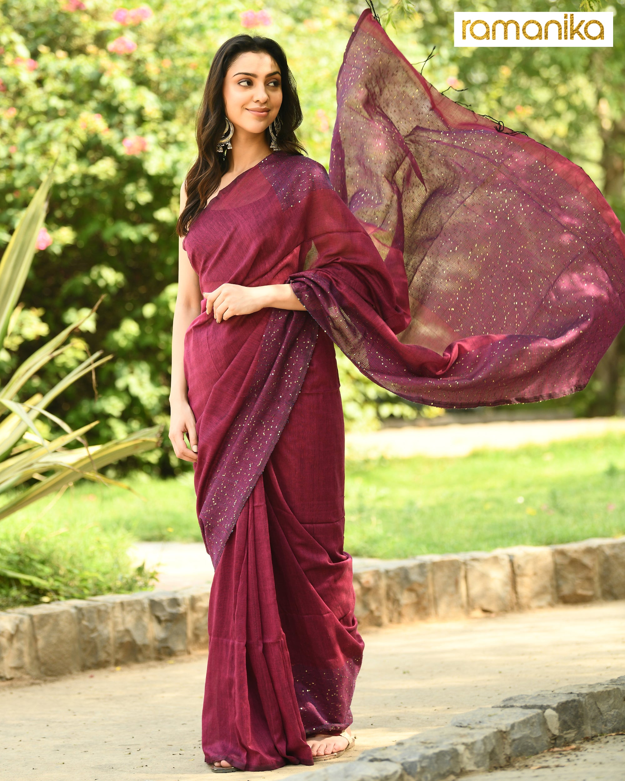 Cotton Sequin Saree with Running Blouse (Wine)