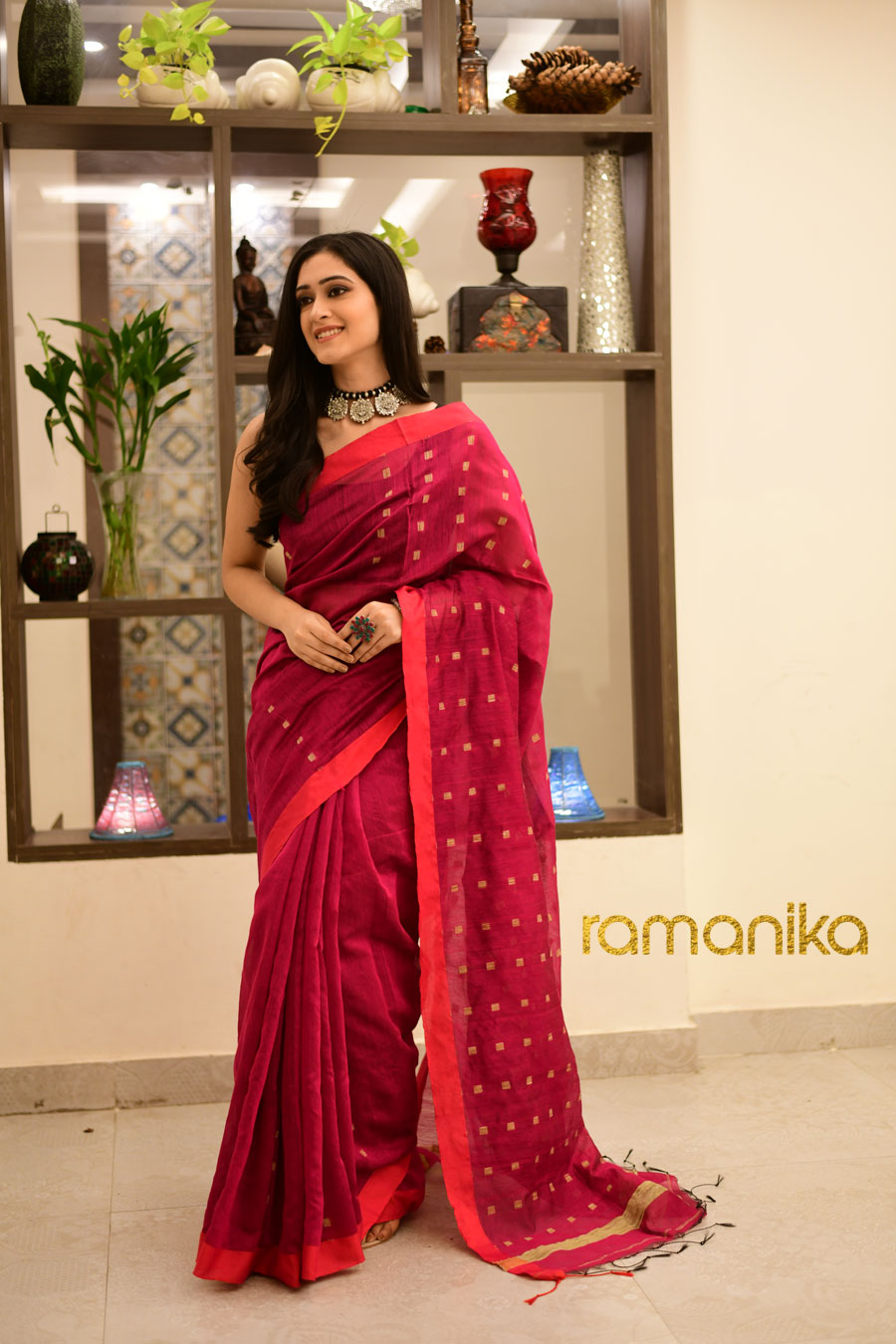 Handwoven Cotton Silk Magenta Saree With Blouse - Ramanika