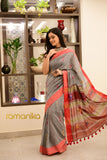 Handwoven Jamdani Grey Saree With Blouse - Ramanika