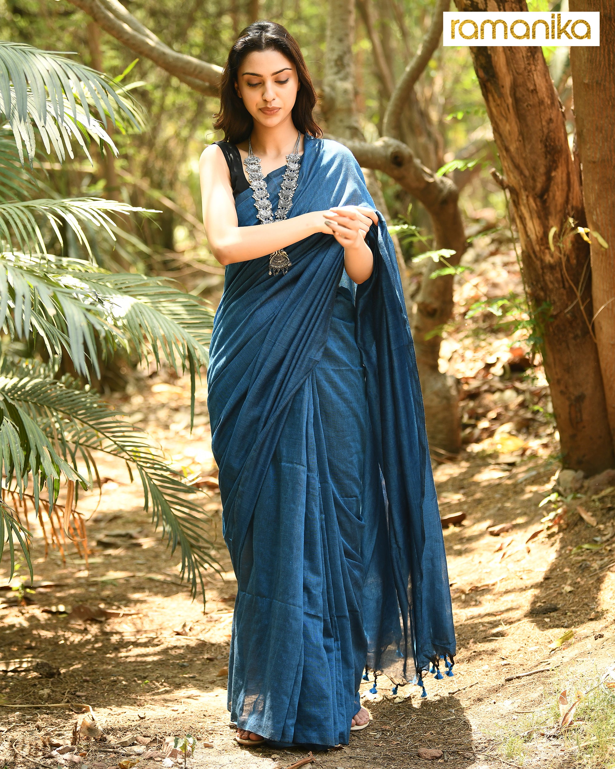 Plain Cotton Saree with Blouse- Blue – Ramanika