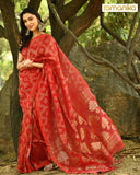 Handwoven Linen Banarsi Saree with Blouse (Red)