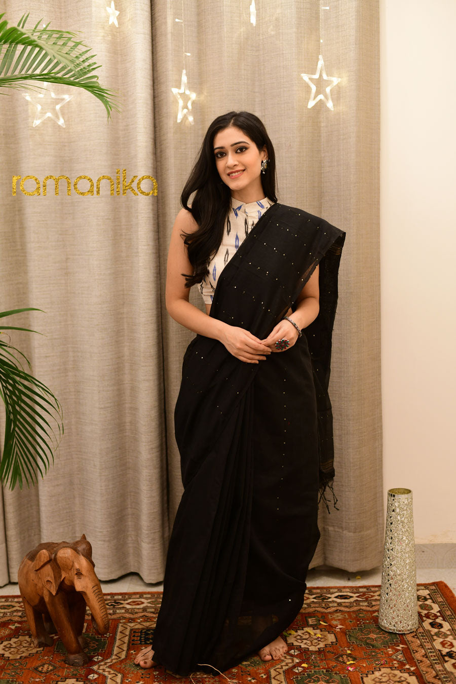 Handwoven Sequin Black Saree with Running Blouse – Ramanika