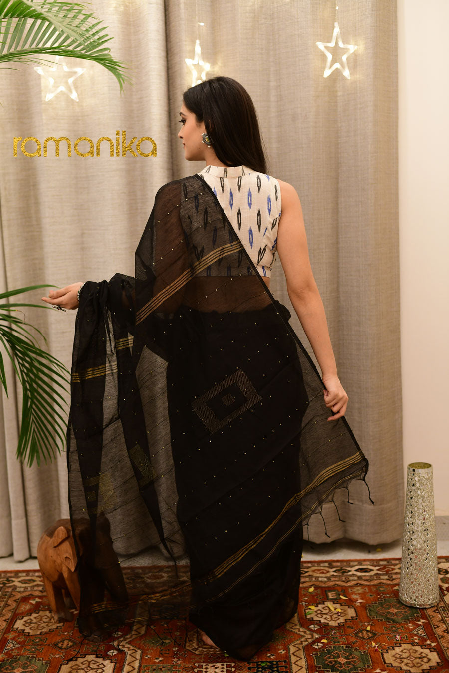 Handwoven Sequin Black Saree With Blouse - Ramanika