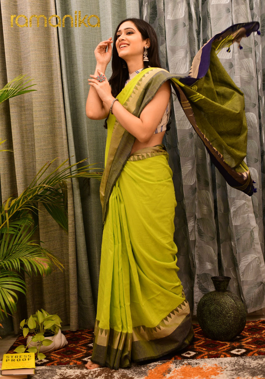 Handwoven Cotton Olive Green Saree With Blouse - Ramanika