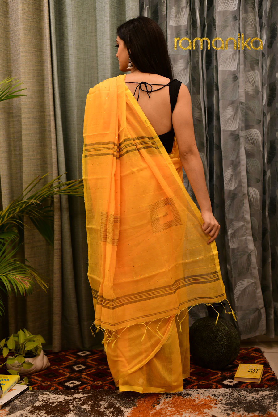 Handwoven Sequin Yellow Saree With Blouse - Ramanika