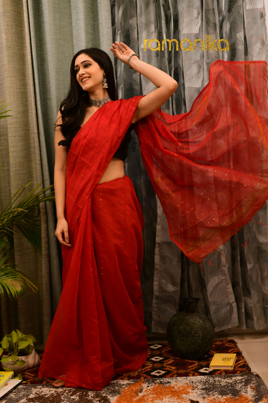 Handwoven Sequin Red Saree with Running Blouse – Ramanika