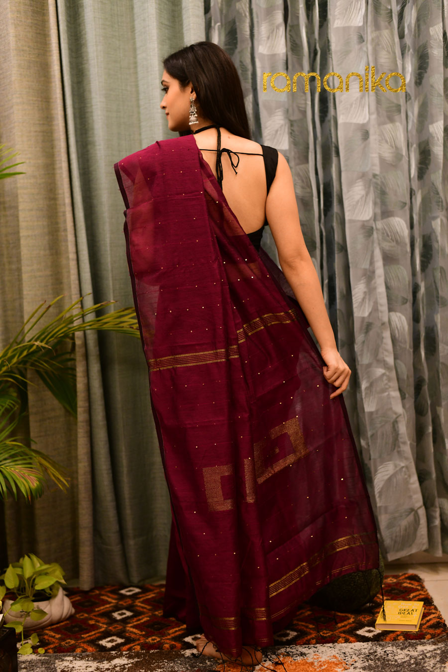 Handwoven Blended Cotton Sequin Saree with Running Blouse (Wine