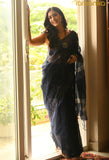 Handwoven Saree with Running Blouse - Navy blue