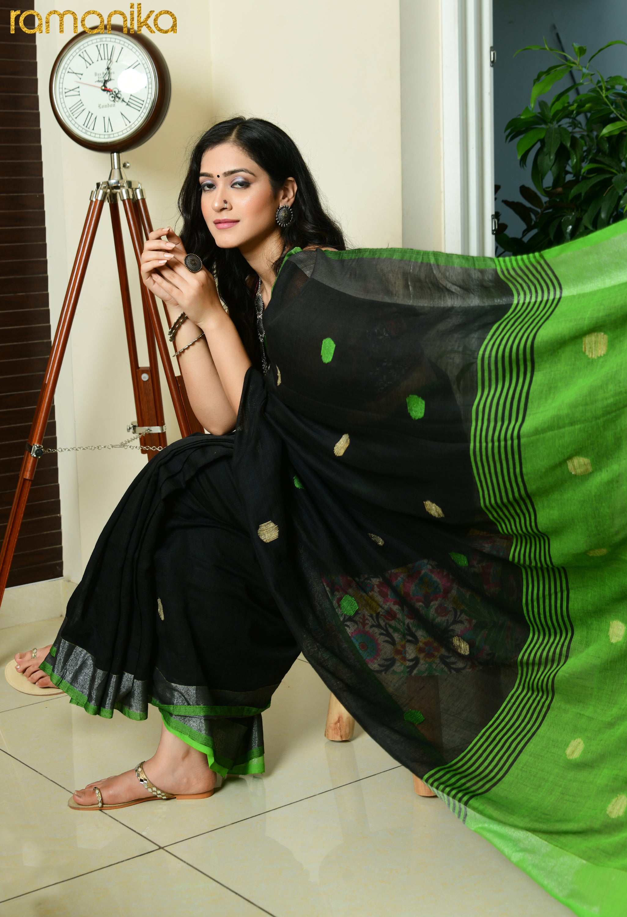 Handwoven Cotton Jamdani Saree with Contrast Blouse