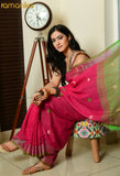 Handwoven Cotton Jamdani Saree with Contrast Blouse (Pink Green)