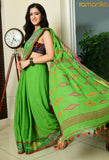 Handwoven Cotton Saree with Running Blouse - Green Kotki