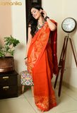 Handwoven Linen Jamdani Saree with Running Blouse (Orange- Red)