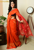 Handwoven Linen Jamdani Saree with Running Blouse (Orange- Red)