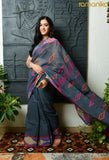 Handwoven Cotton Saree with Running Blouse - Grey Kotki
