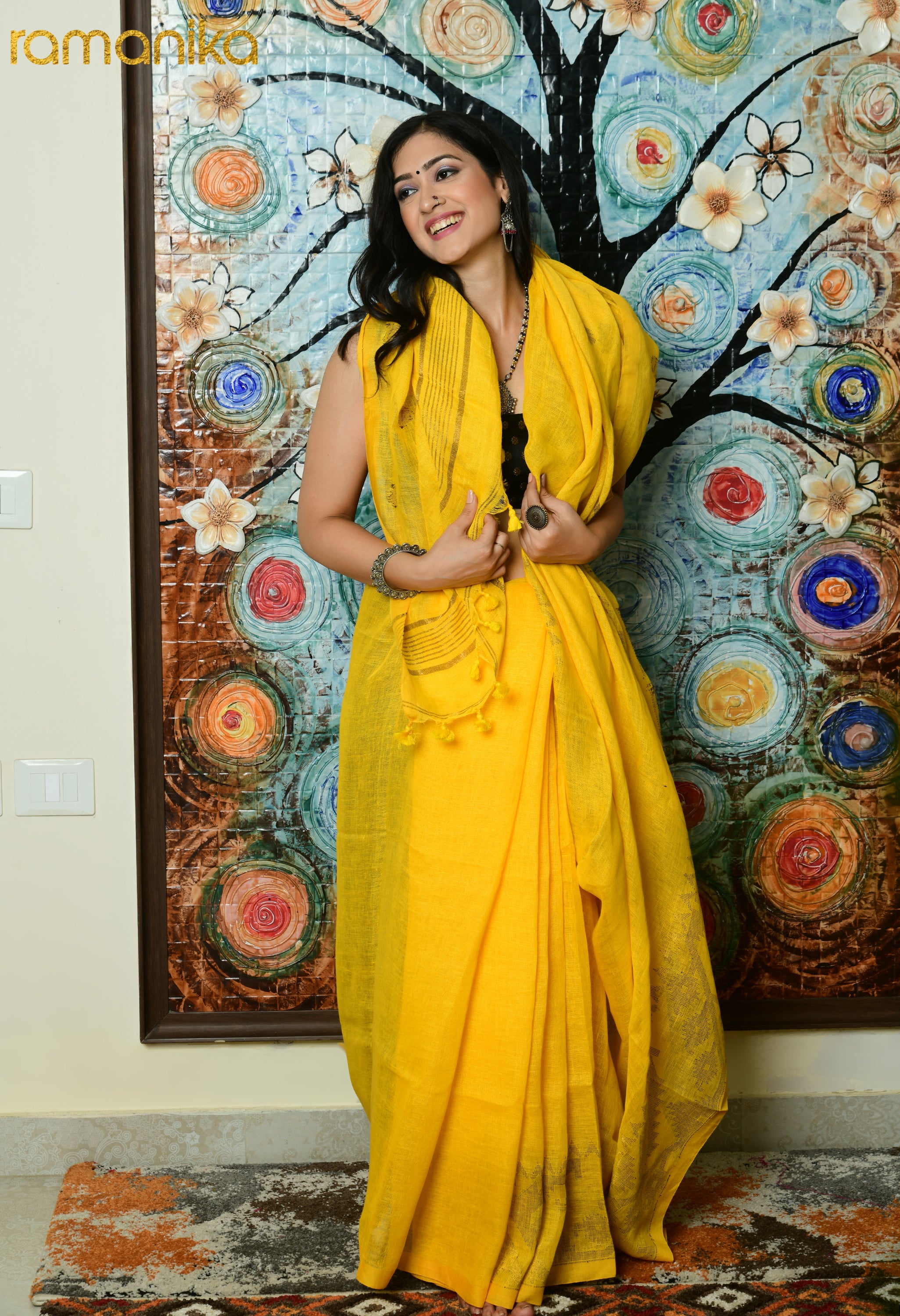 Handwoven Linen Jamdani Saree with Running Blouse (Yellow)