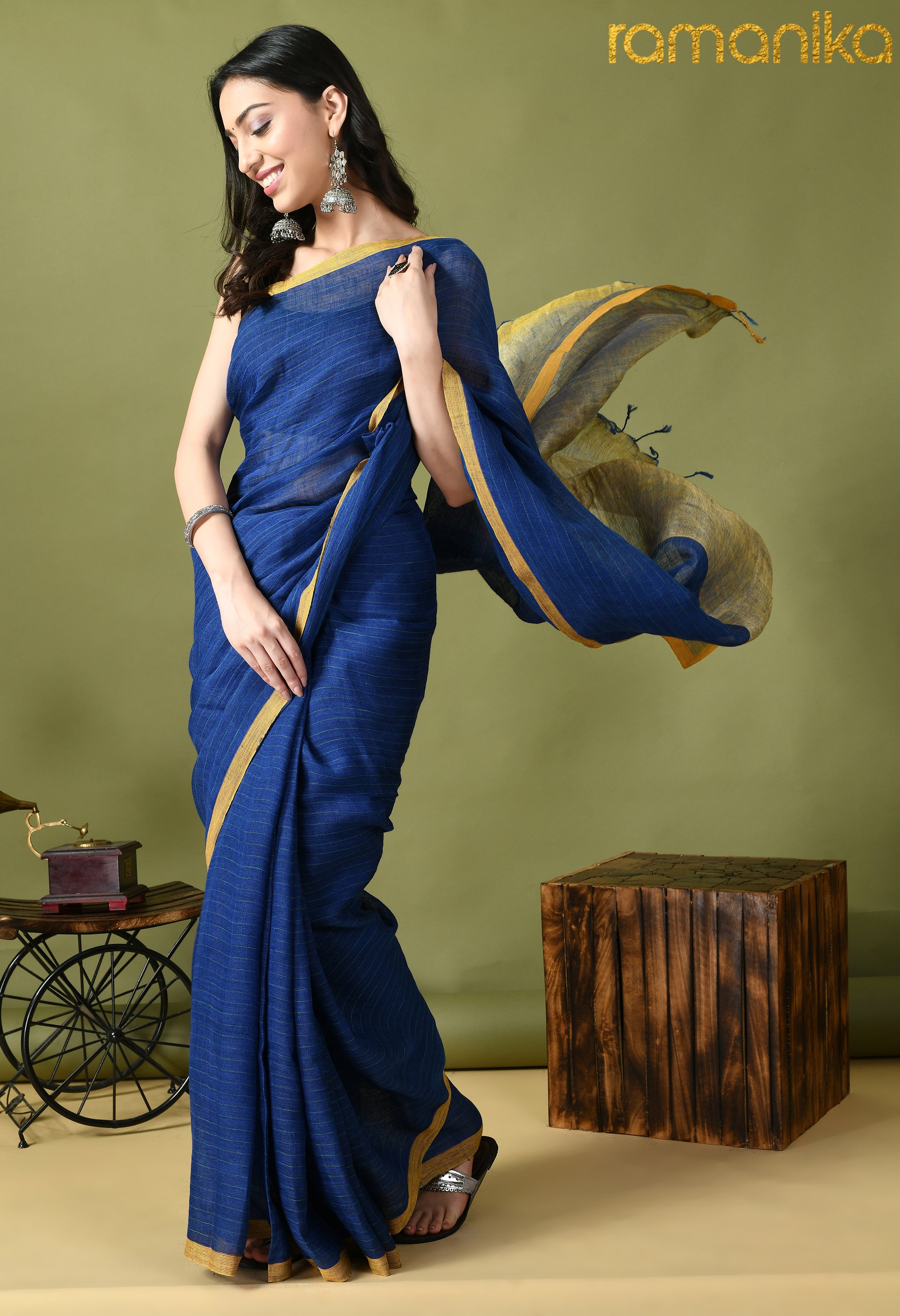 Linen Saree with Running Blouse (Blue)