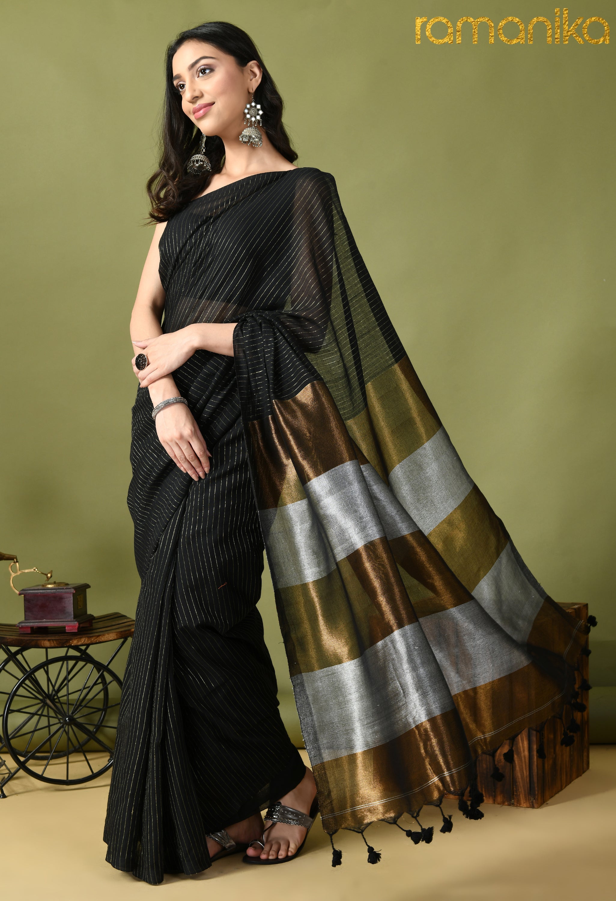 Handwoven Striped Saree with Zari Pallu